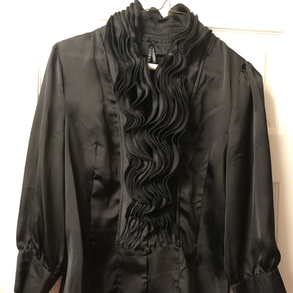 Lapis silk ruffle blouse